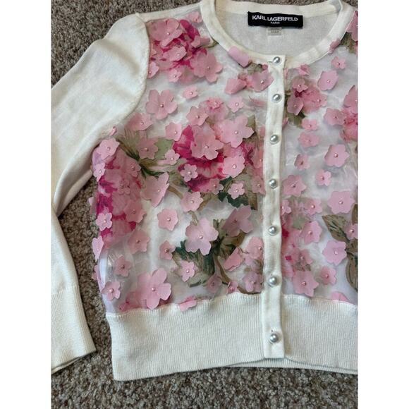 NWT - Karl Lagerfeld sweater, Small; 3D Floral Cropped white & Pink Cardigan - Picture 7 of 8